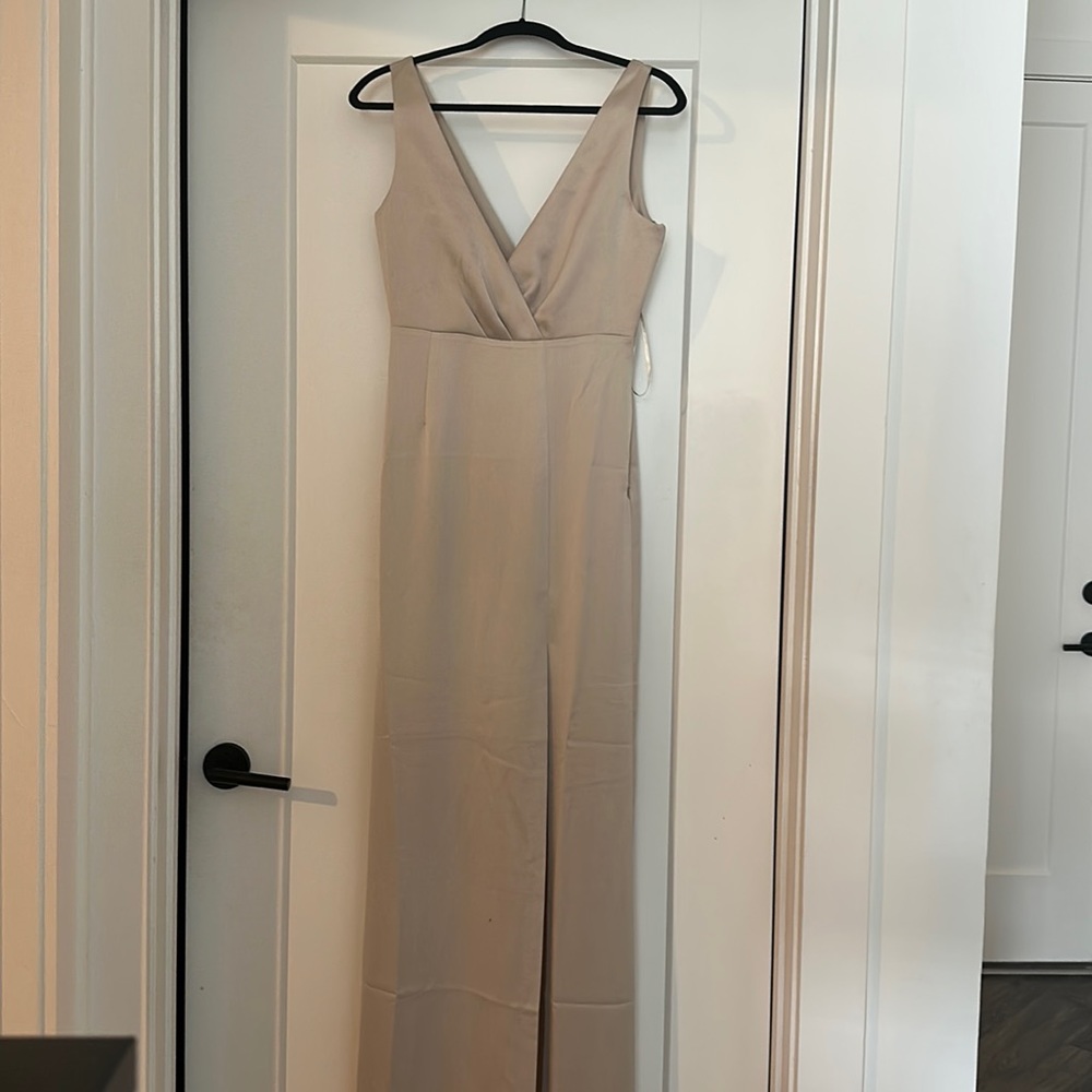 NWT BHLDN Piper V-neck Side Slit Satin Gown in champagne color